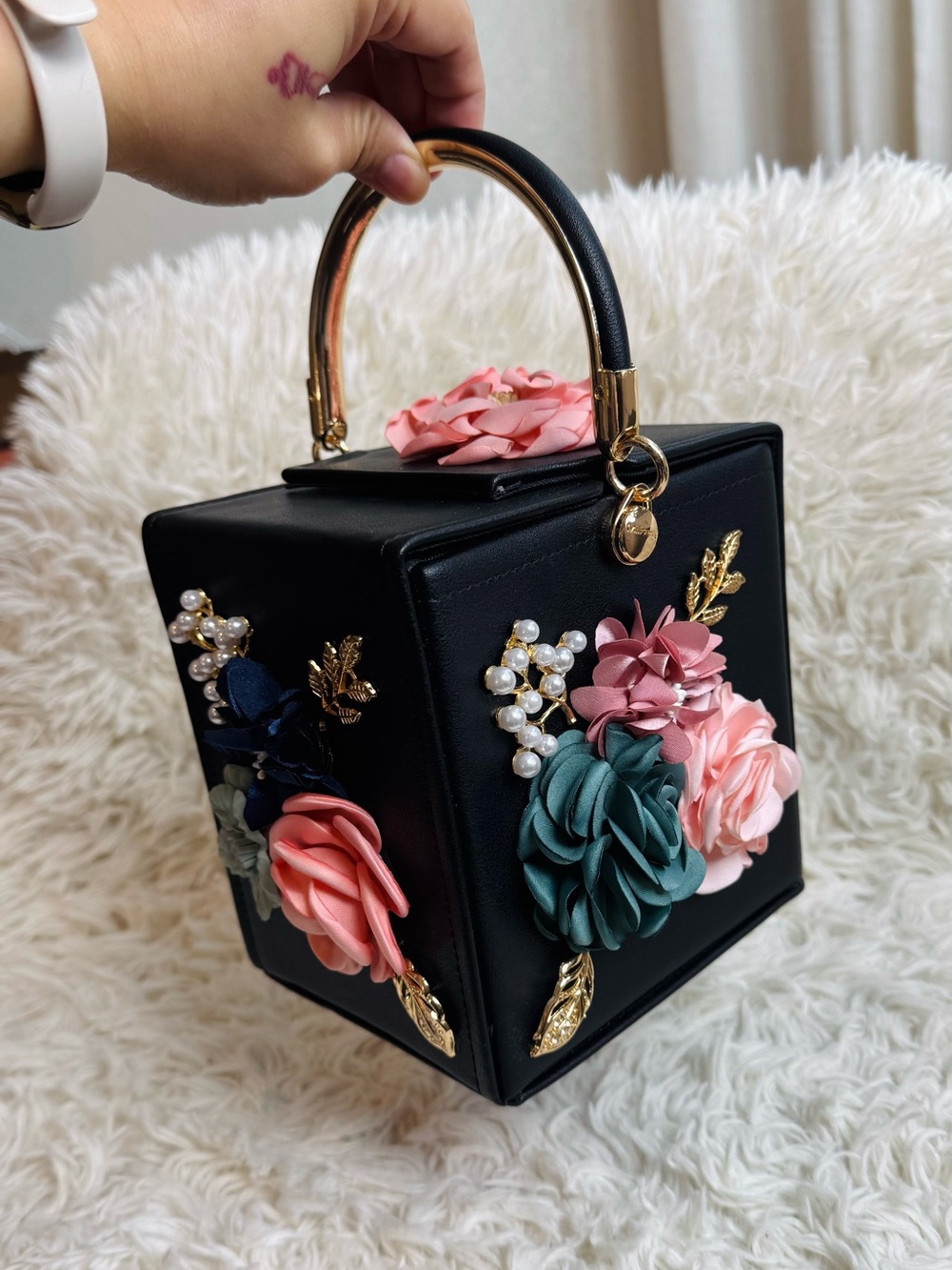 Cube Top Handle Bag with Multicolor Floral Appliqué and Gold Hardware - Picture 2 of 9